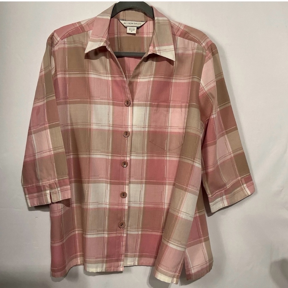 Allison Daley Pink and Tan Plaid Blouse